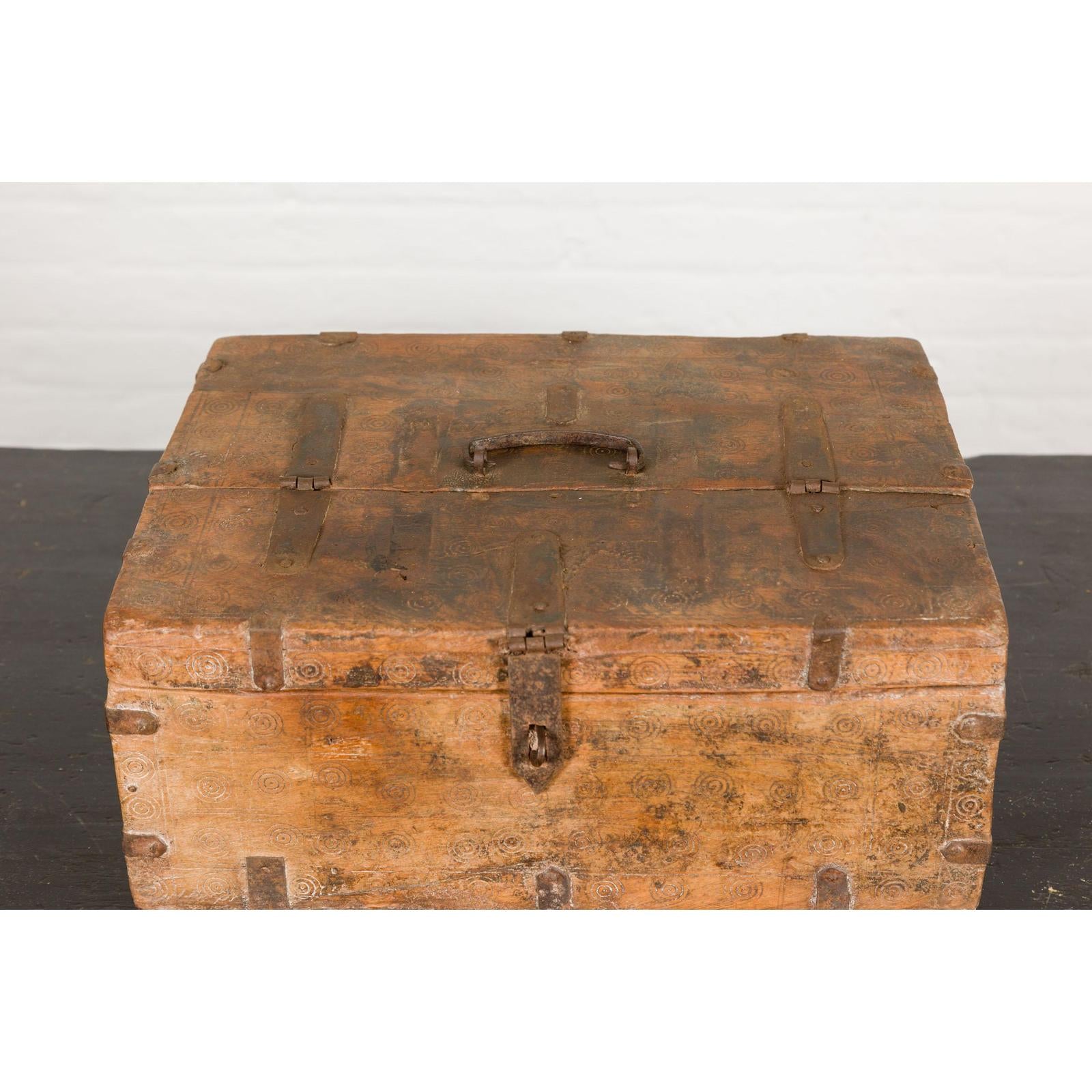 Antique Document Box with Incised Concentric Motifs and Partial Opening Top