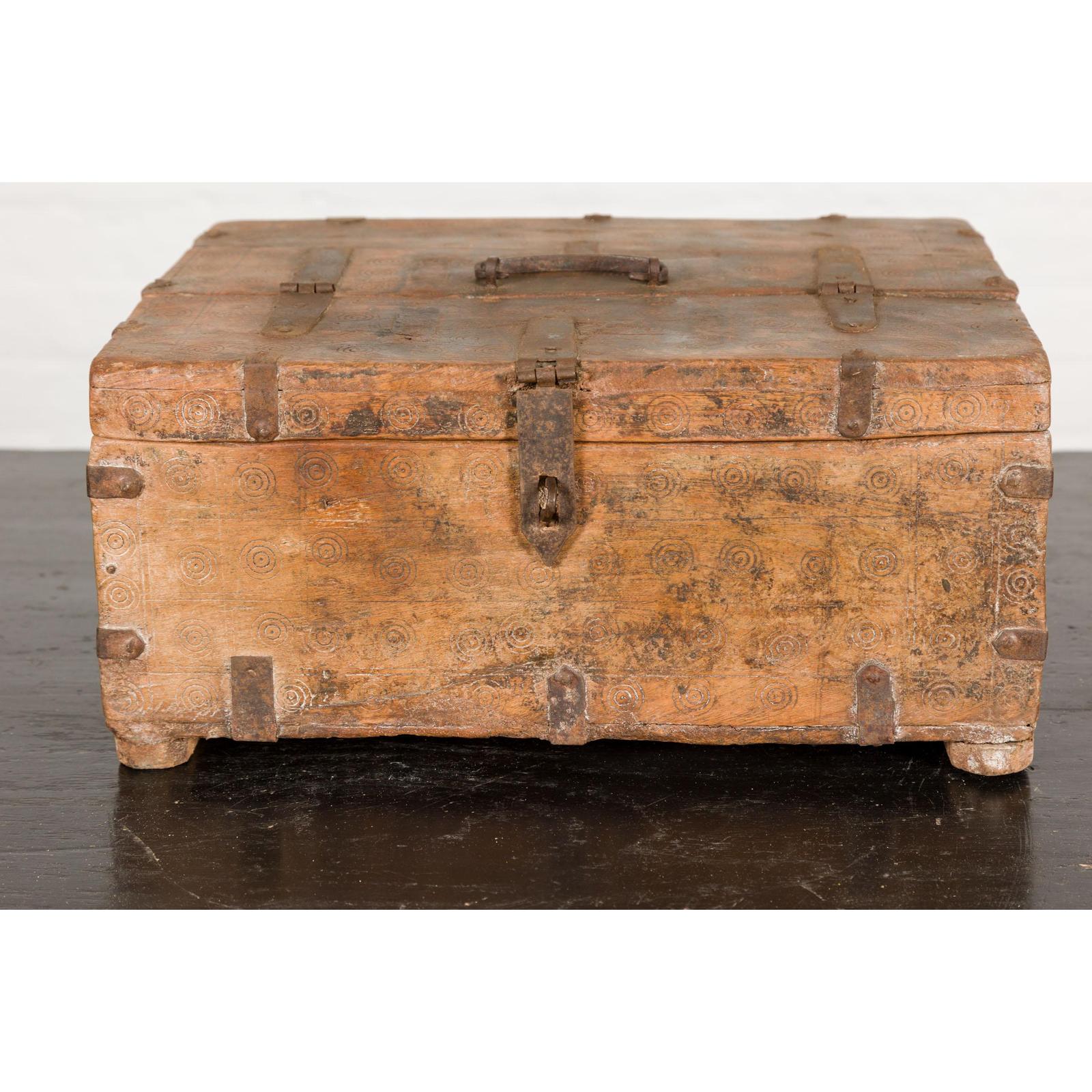 Antique Document Box with Incised Concentric Motifs and Partial Opening Top