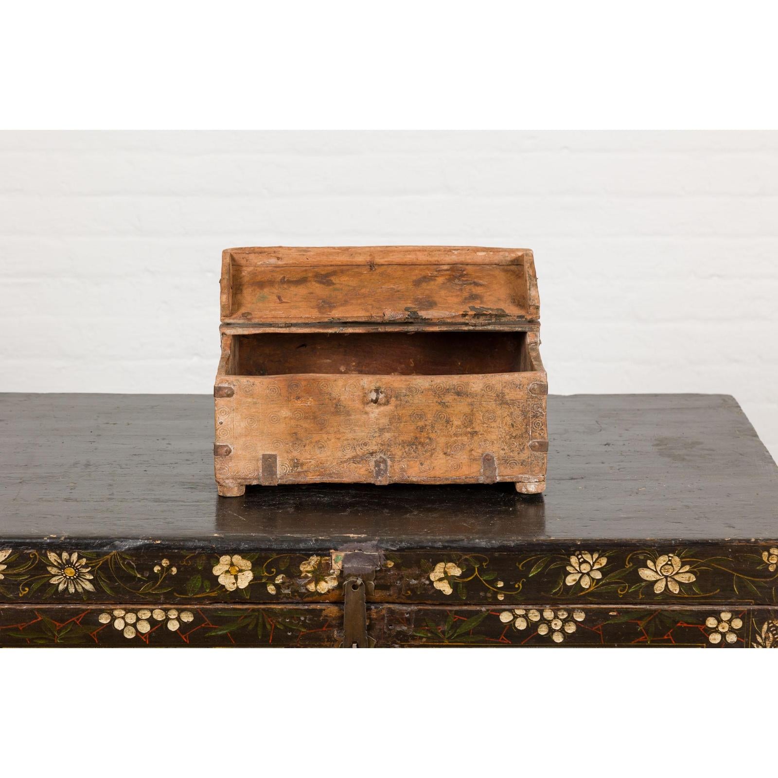 Antique Document Box with Incised Concentric Motifs and Partial Opening Top