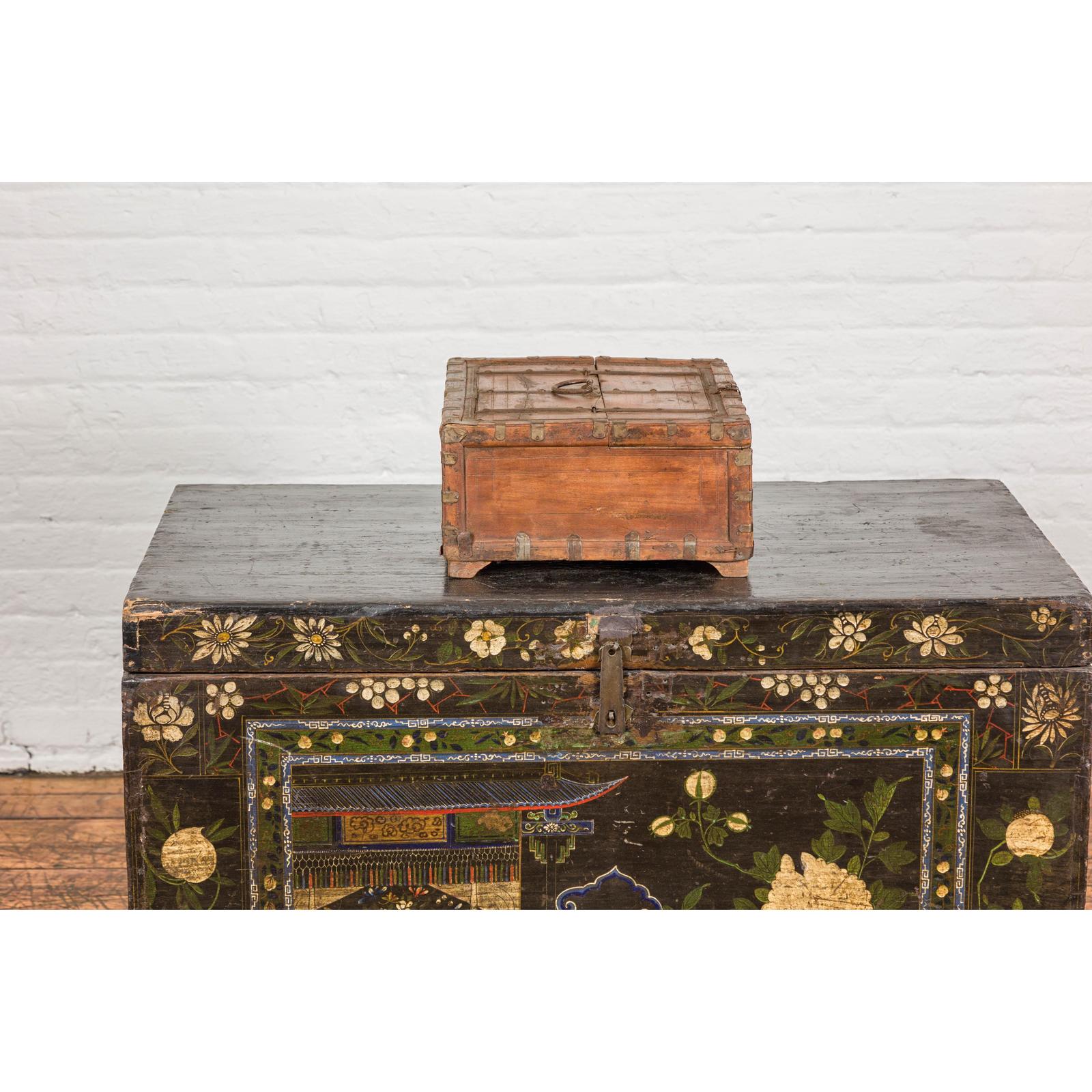 Rustic Document Box with Brass Details & Partial Opening