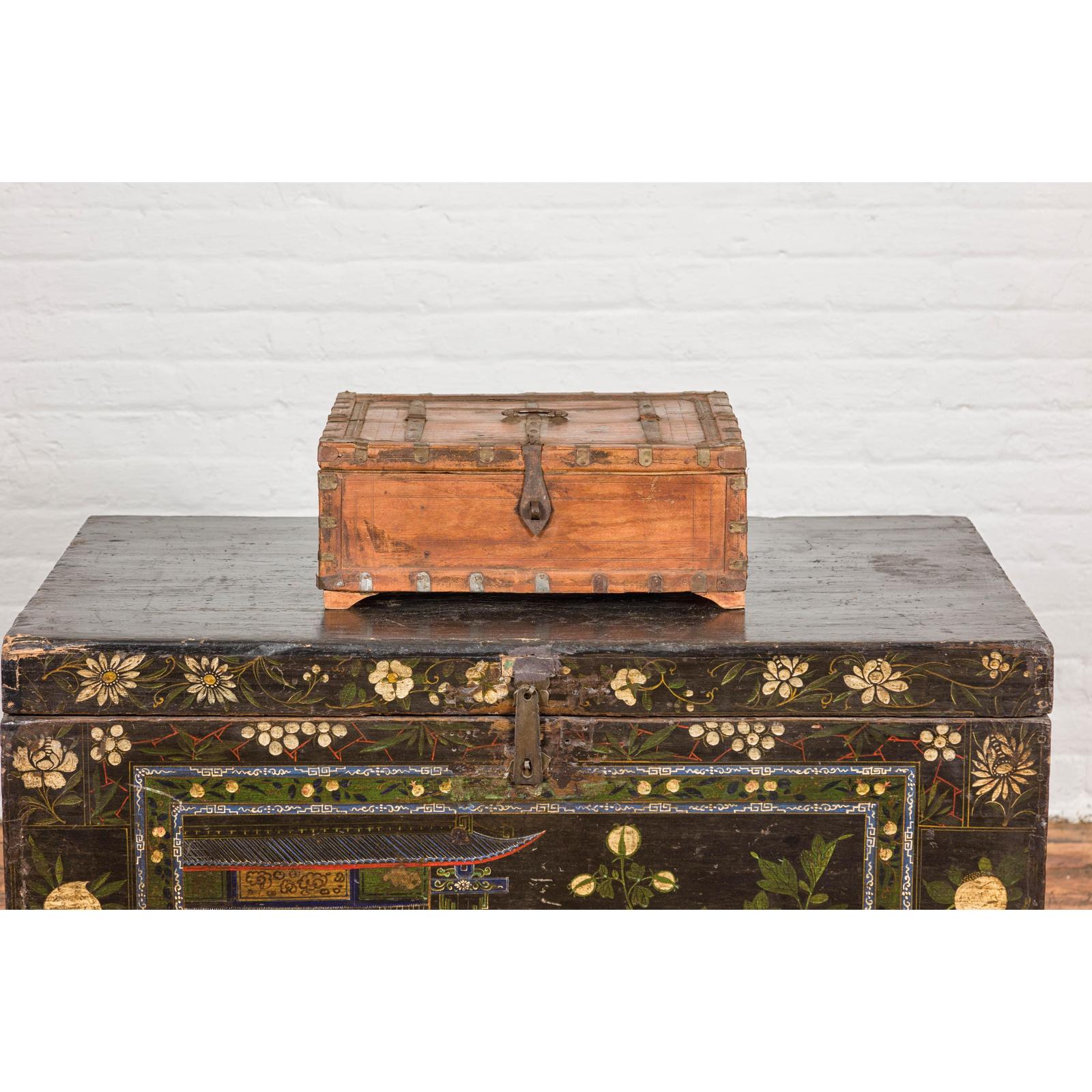 Rustic Document Box with Brass Details & Partial Opening