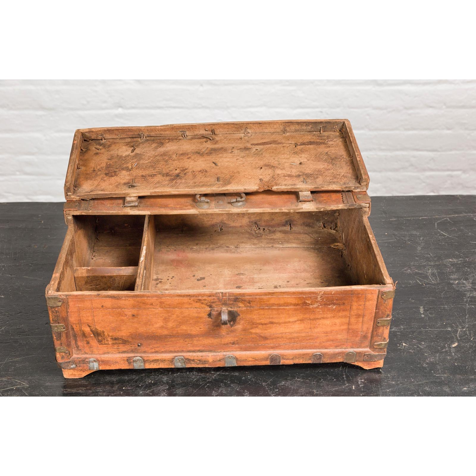 Rustic Document Box with Brass Details & Partial Opening