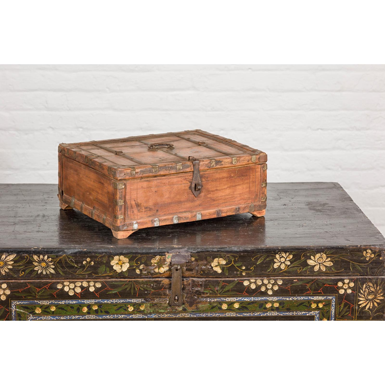 Rustic Document Box with Brass Details & Partial Opening