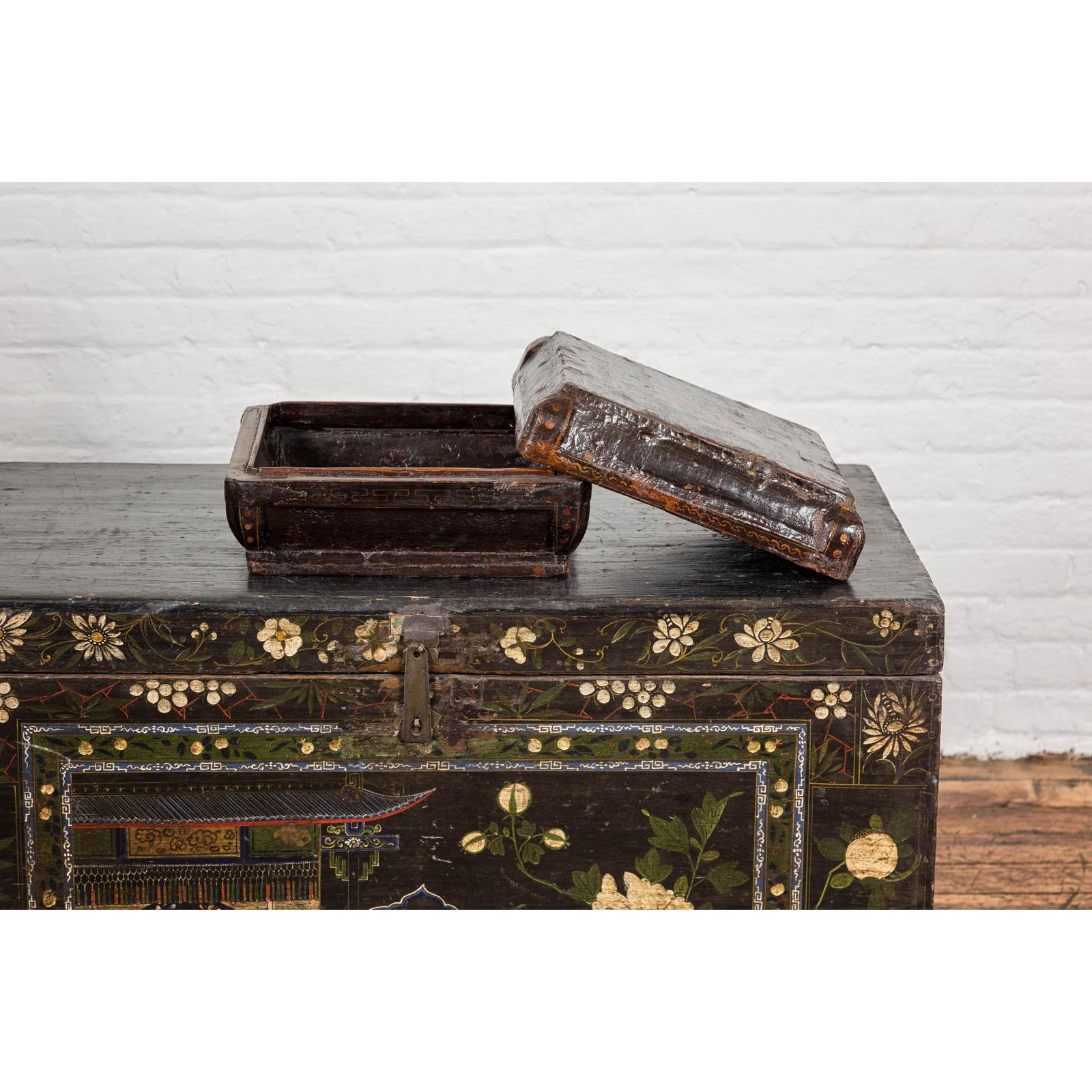 Old Chinese Lacquered Fabric over Wood Box with Calligraphy and Iron Braces