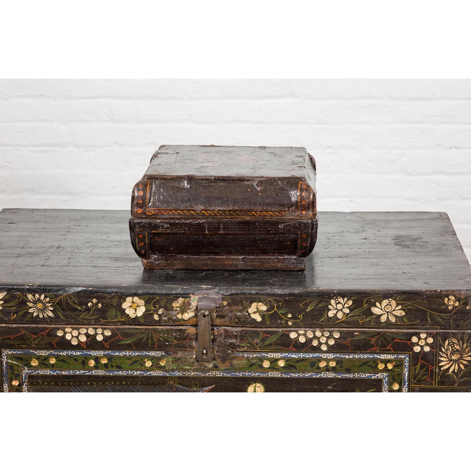 Old Chinese Lacquered Fabric over Wood Box with Calligraphy and Iron Braces