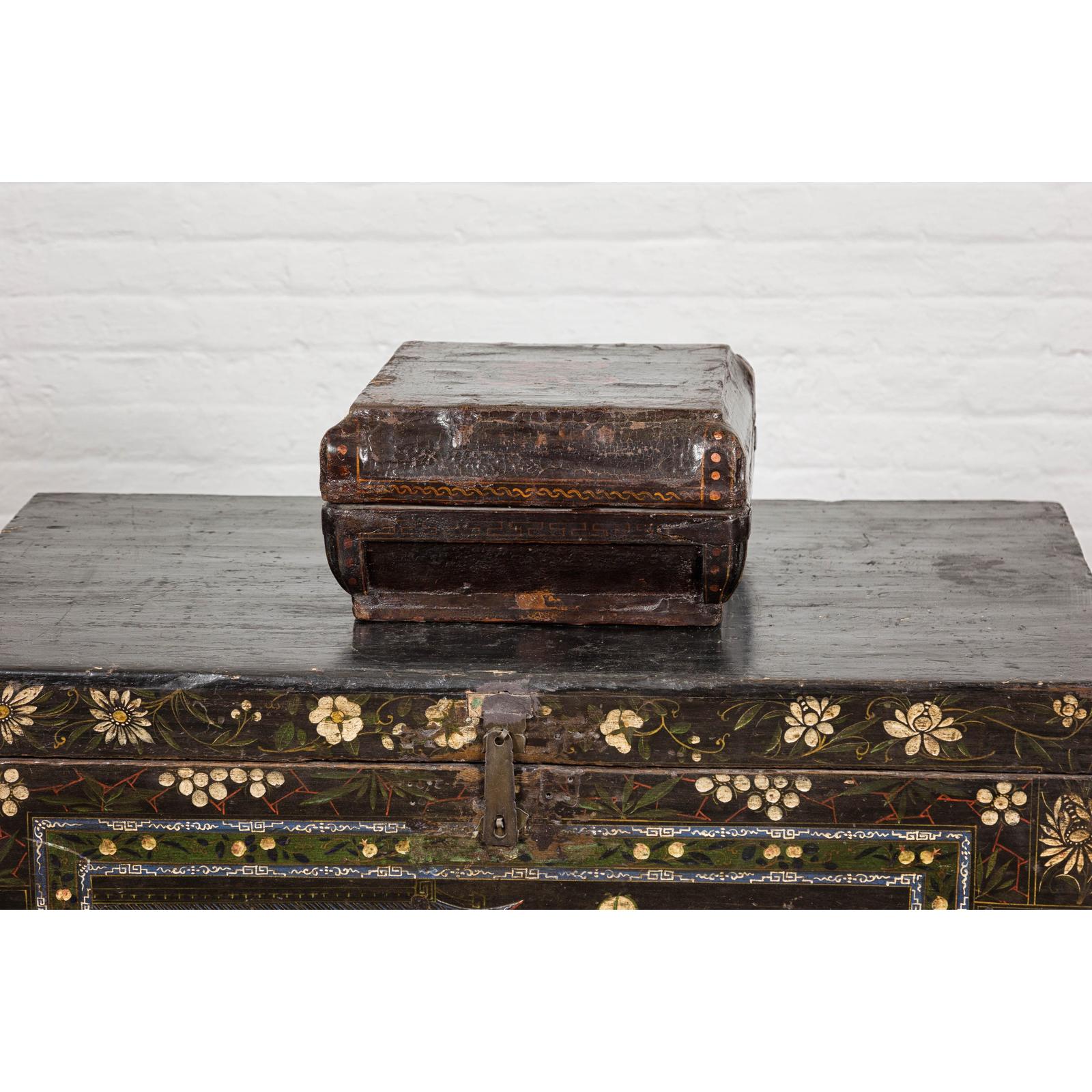 Old Chinese Lacquered Fabric over Wood Box with Calligraphy and Iron Braces