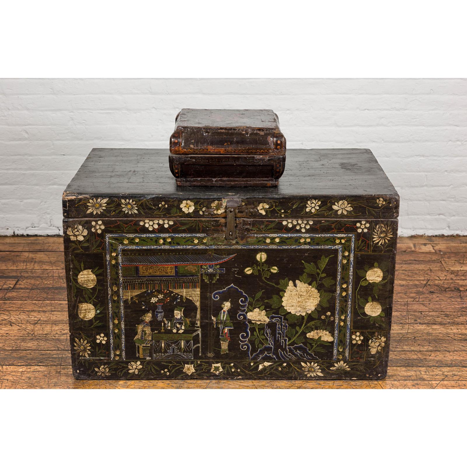 Old Chinese Lacquered Fabric over Wood Box with Calligraphy and Iron Braces