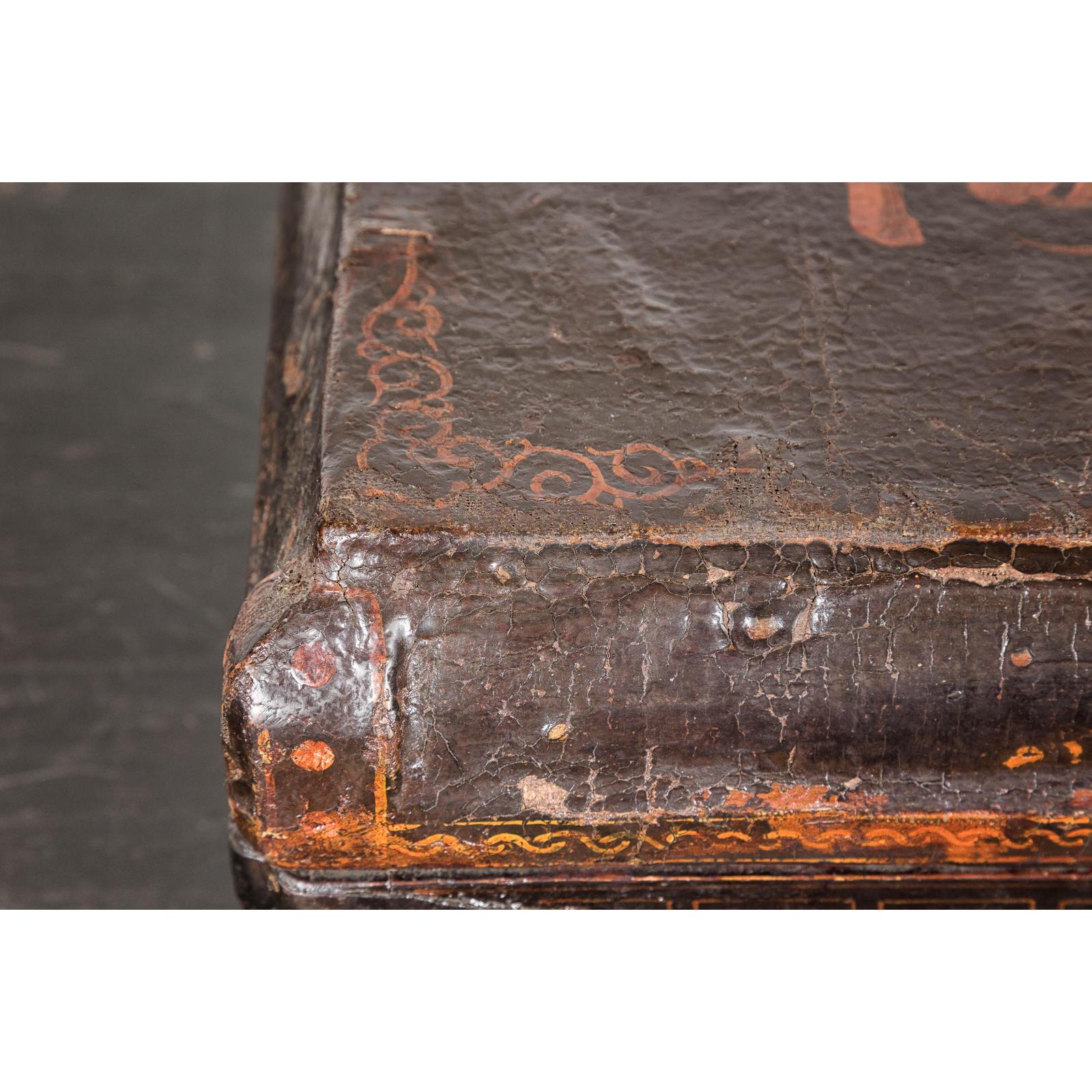 Old Chinese Lacquered Fabric over Wood Box with Calligraphy and Iron Braces