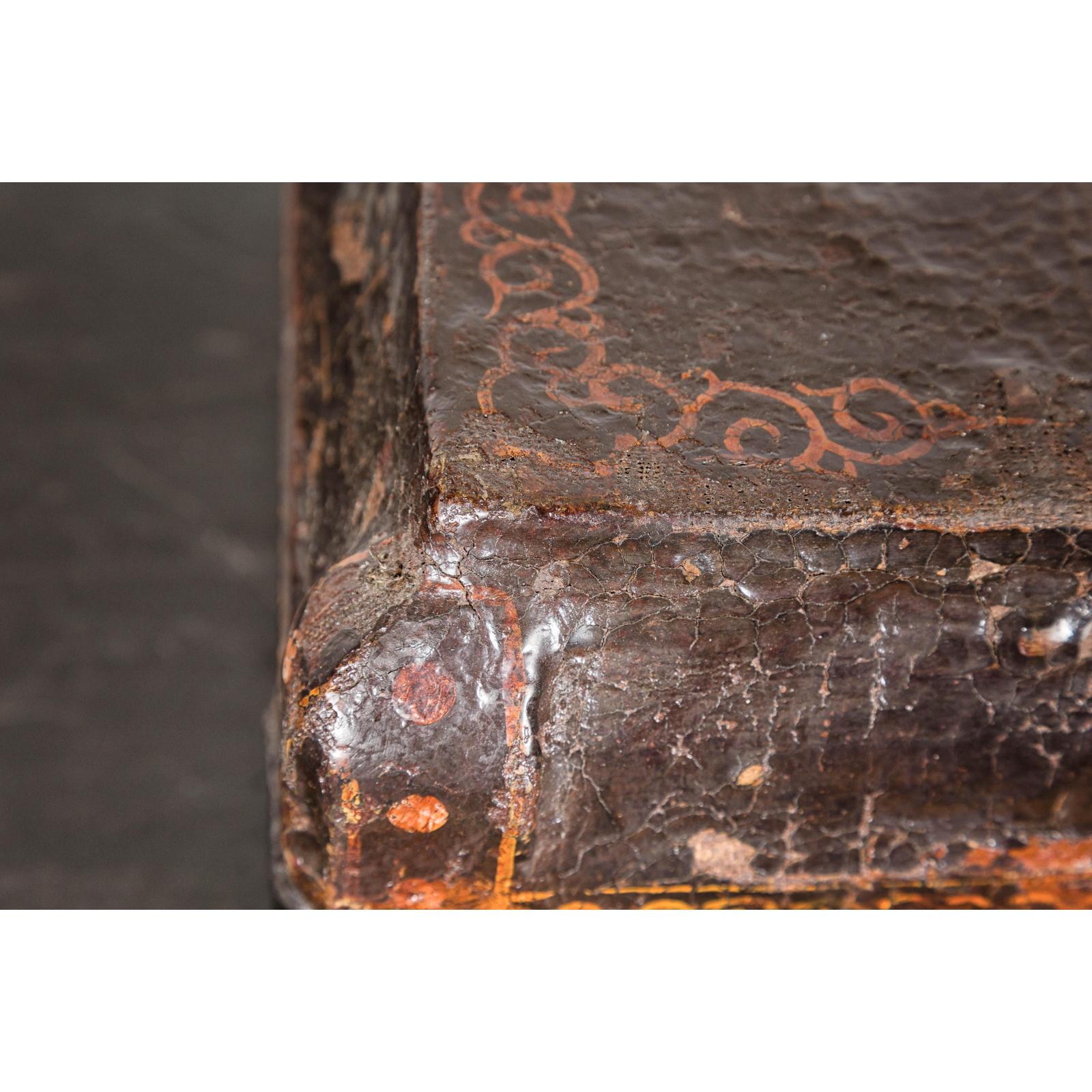 Old Chinese Lacquered Fabric over Wood Box with Calligraphy and Iron Braces