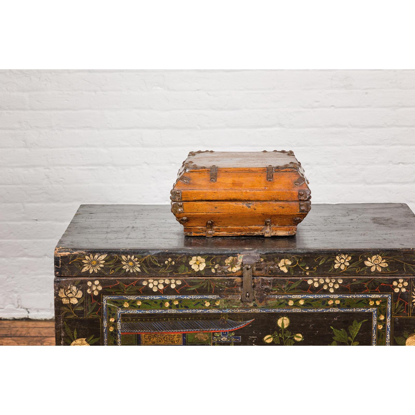 Wooden Square Box with Brass Lock and Distressed Lacquer Interior