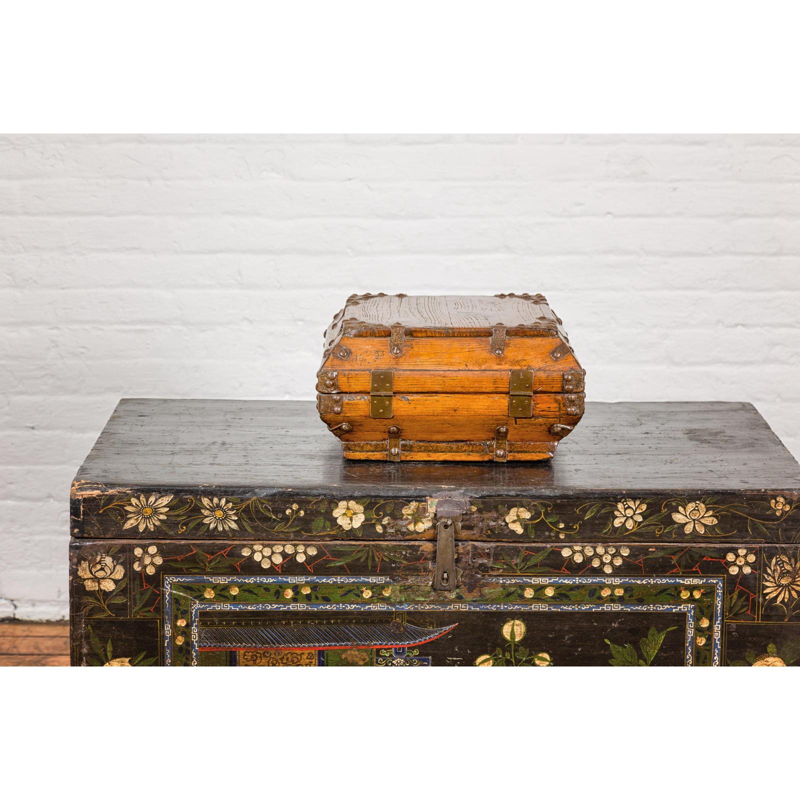 Wooden Square Box with Brass Lock and Distressed Lacquer Interior