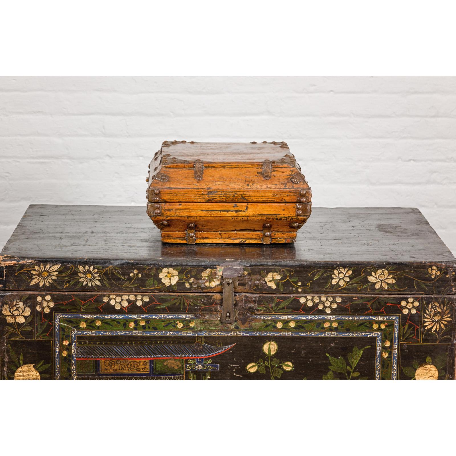 Wooden Square Box with Brass Lock and Distressed Lacquer Interior