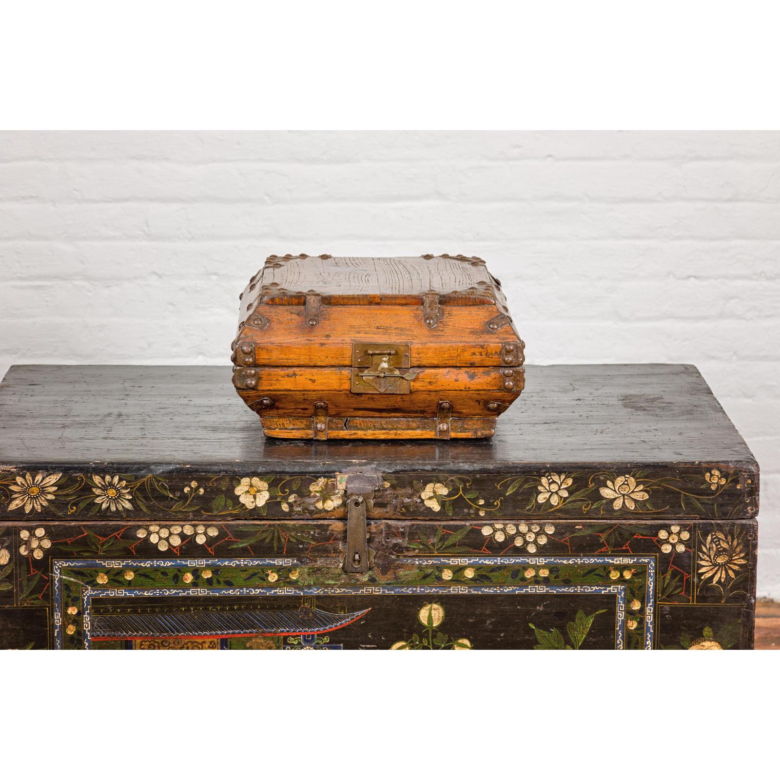 Wooden Square Box with Brass Lock and Distressed Lacquer Interior