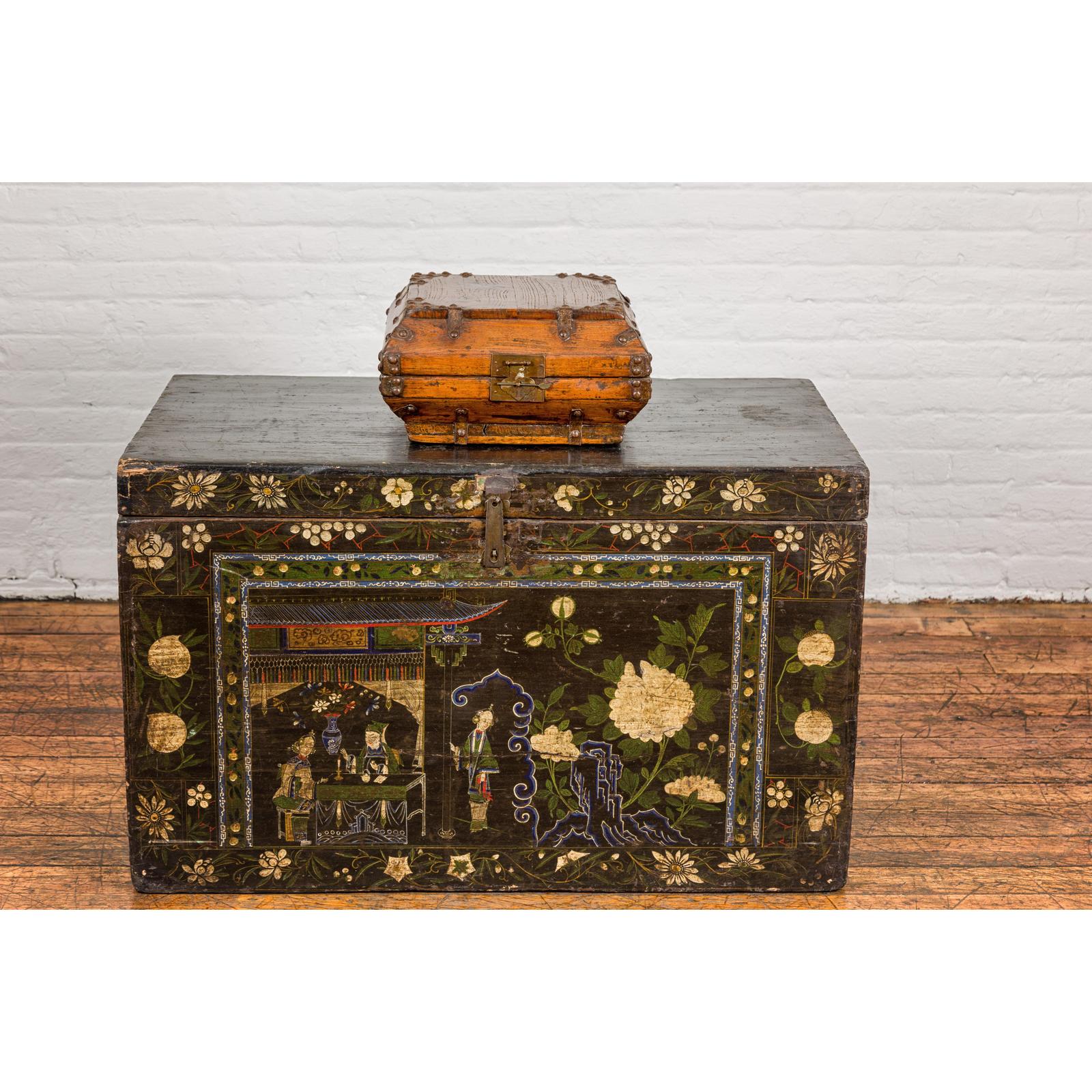 Wooden Square Box with Brass Lock and Distressed Lacquer Interior