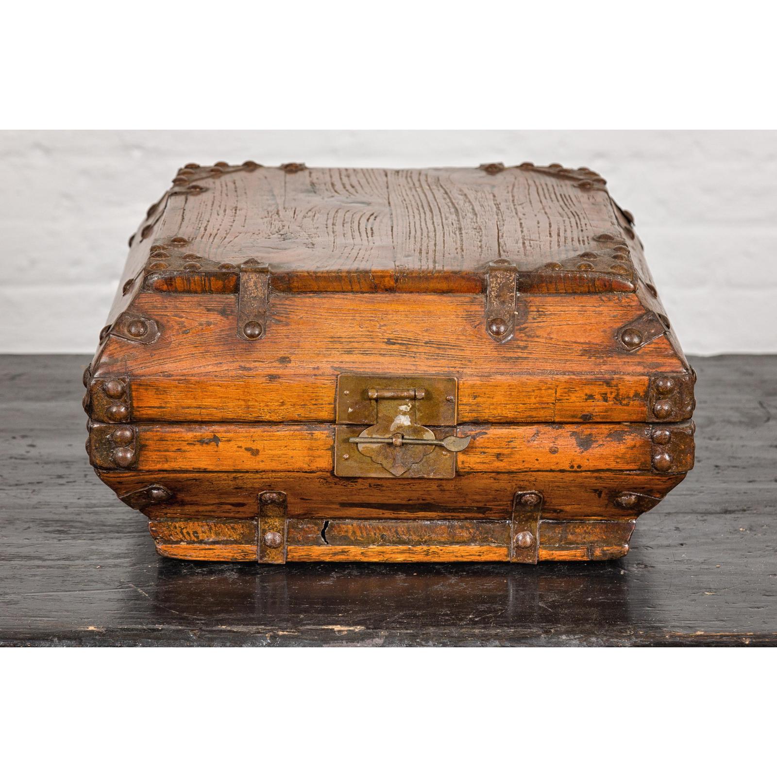 Wooden Square Box with Brass Lock and Distressed Lacquer Interior