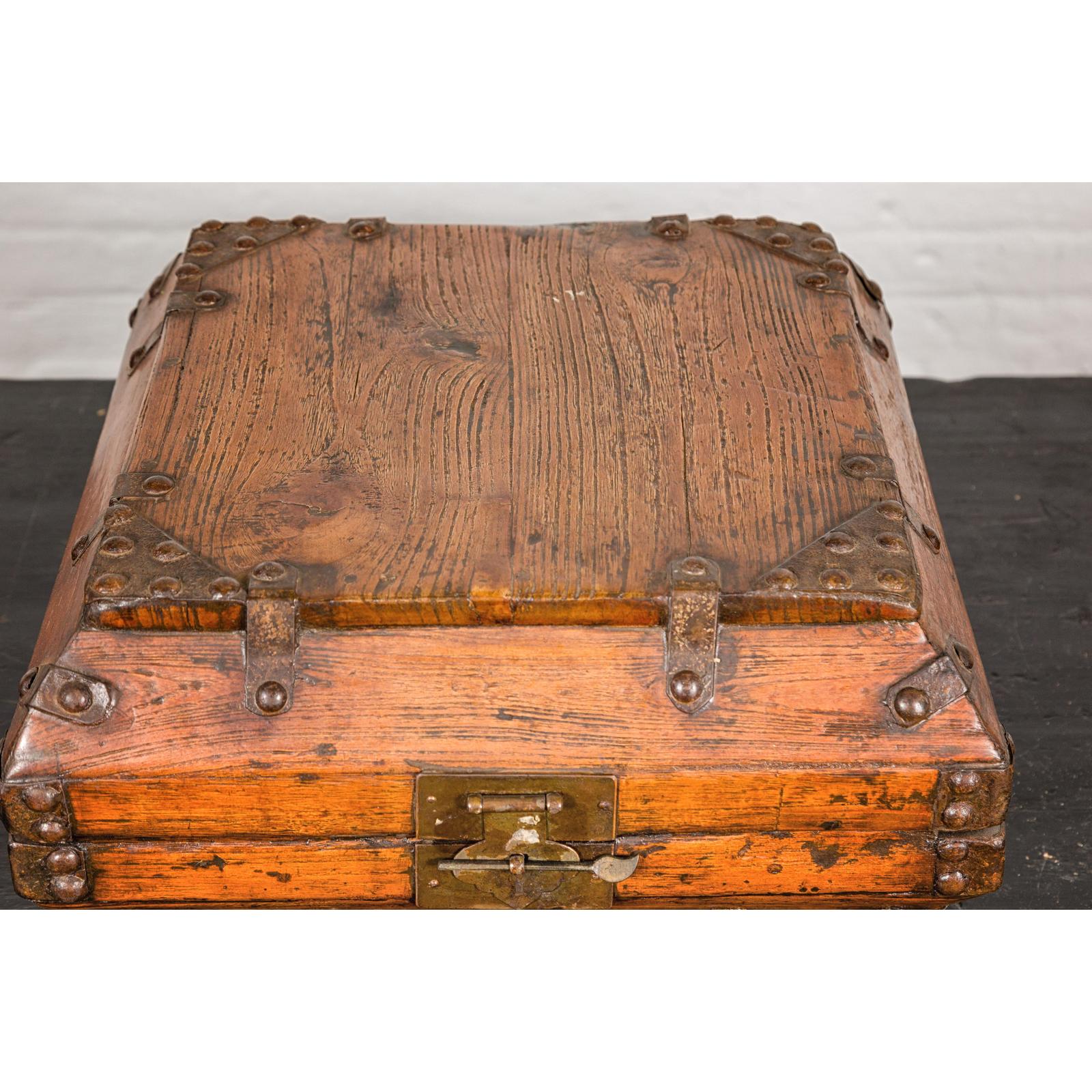 Wooden Square Box with Brass Lock and Distressed Lacquer Interior
