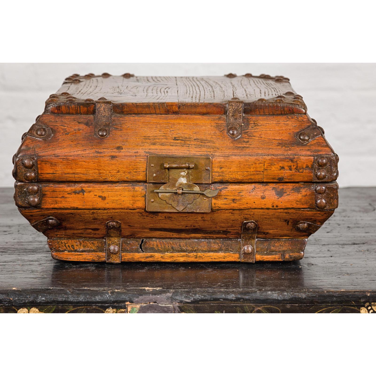 Wooden Square Box with Brass Lock and Distressed Lacquer Interior