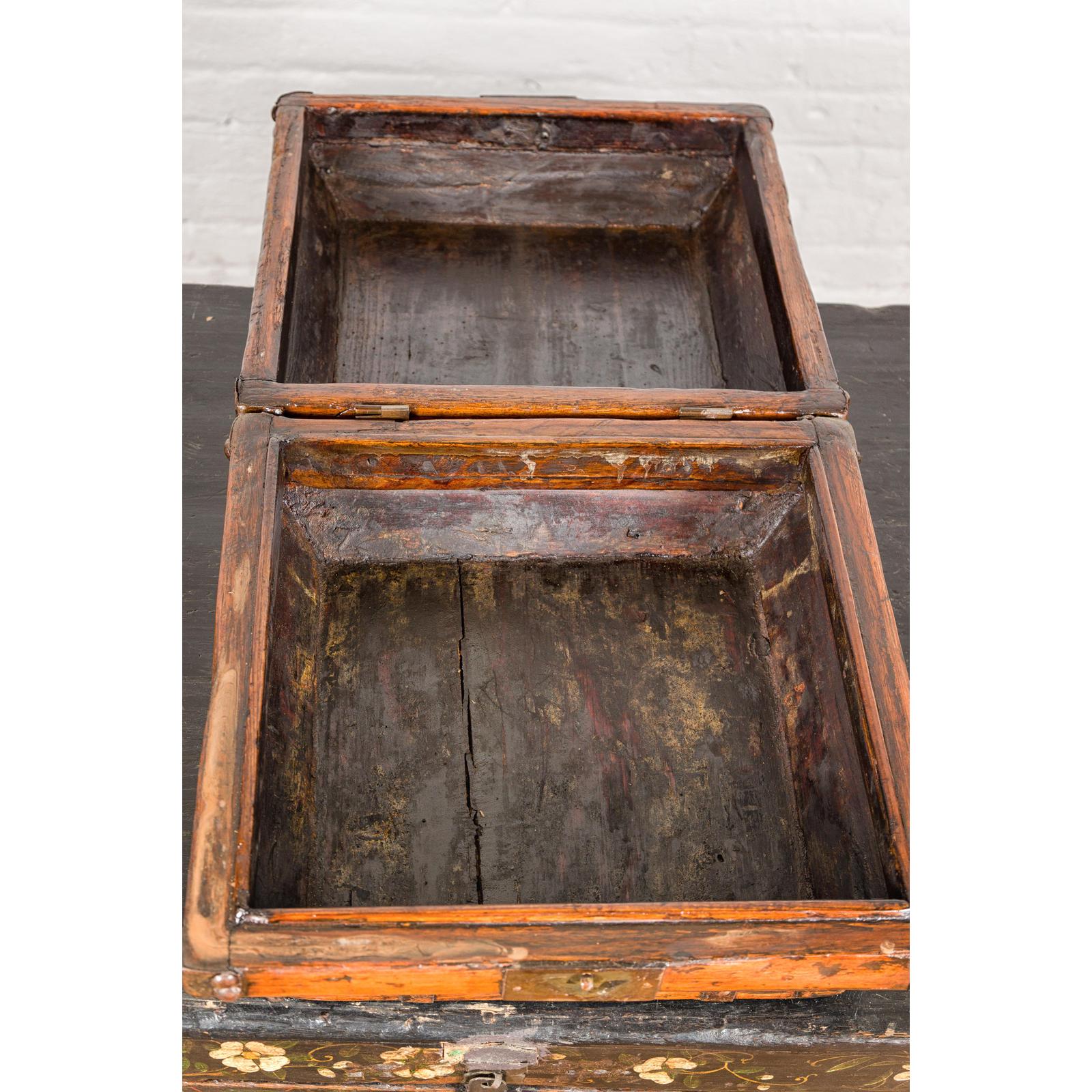 Wooden Square Box with Brass Lock and Distressed Lacquer Interior