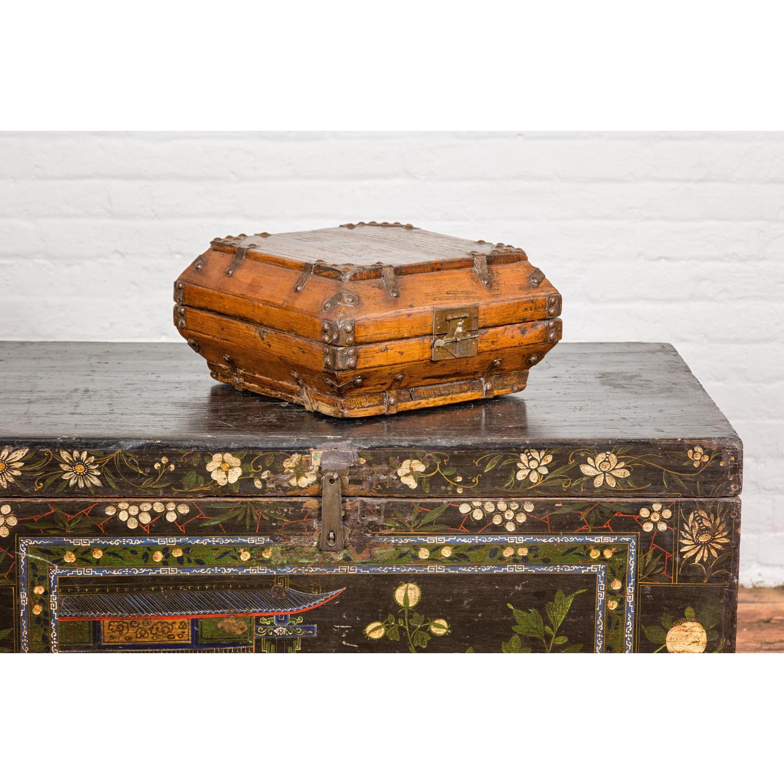 Wooden Square Box with Brass Lock and Distressed Lacquer Interior