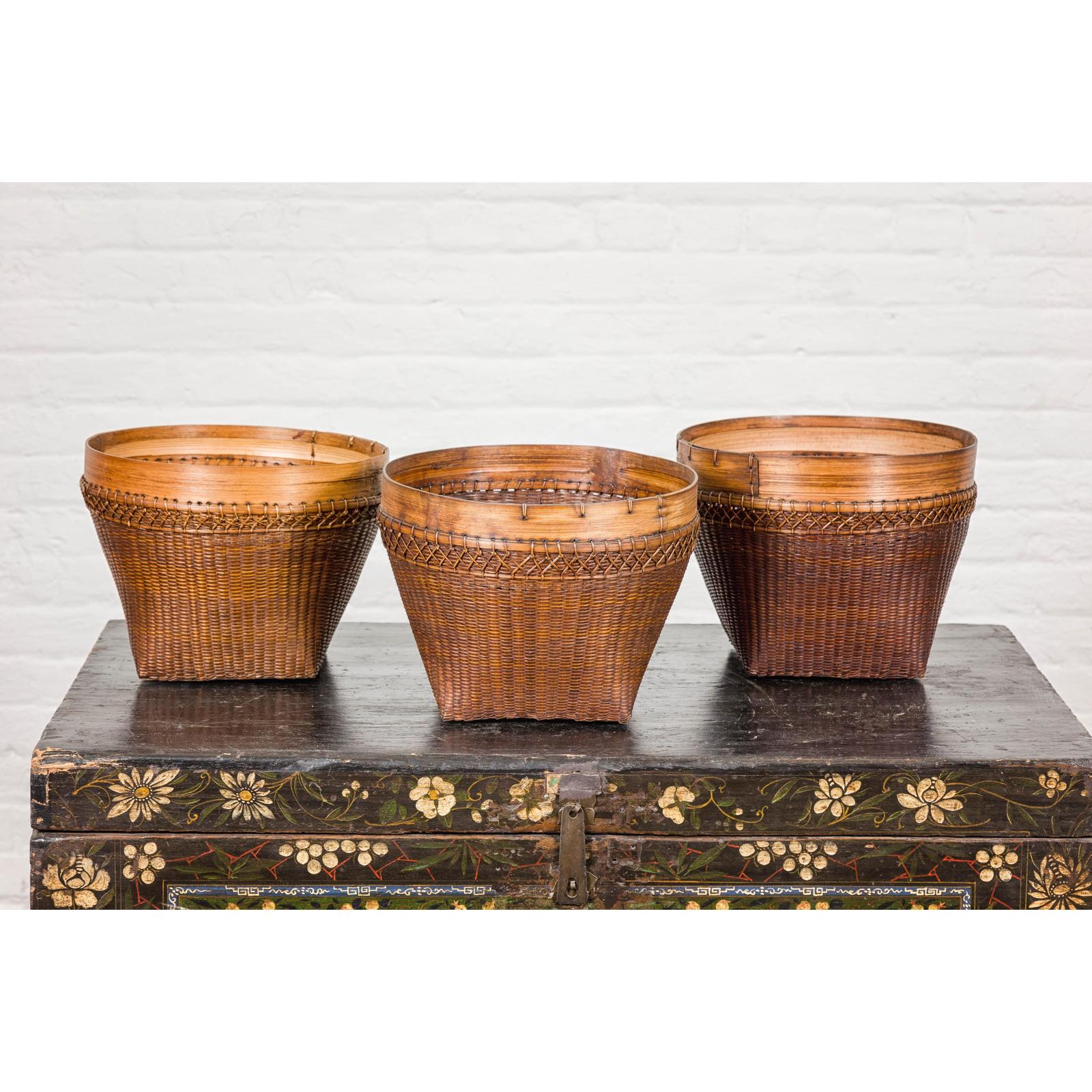 Vintage Hand Woven Rattan & Bamboo Basket, Sold Each