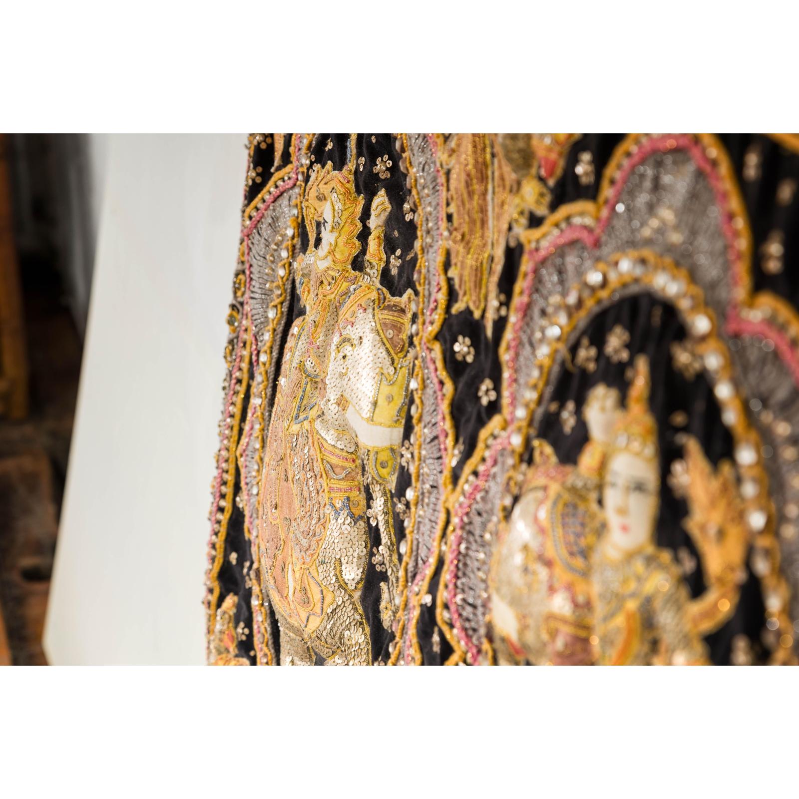 19th Century Kalaga Tapestry with Stones, Sequins and Colorful Thread