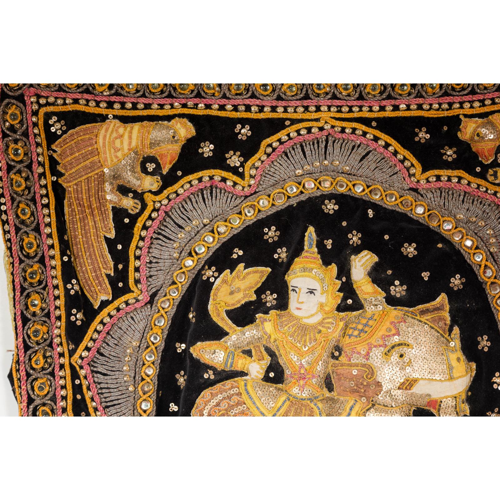 19th Century Kalaga Tapestry with Stones, Sequins and Colorful Thread