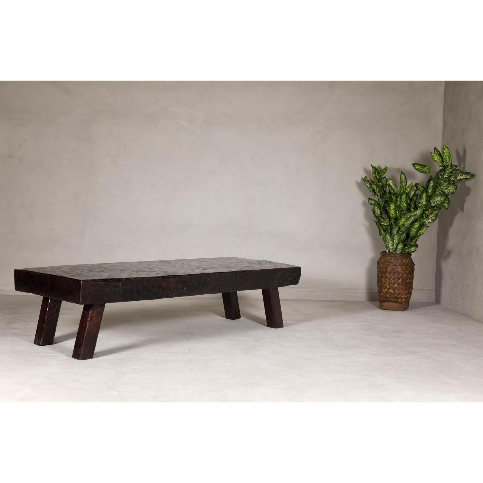 Rustic and Robust Coffee Table with Honeycomb Patterns and Dark Custom Finish