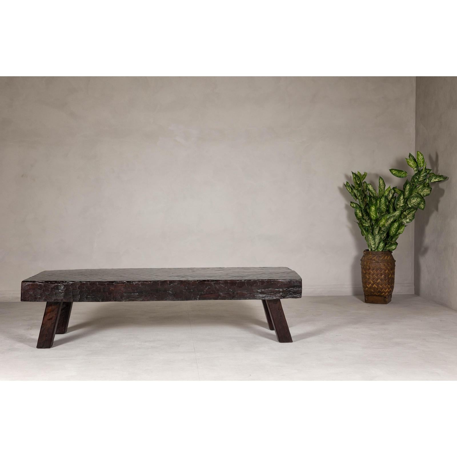 Rustic and Robust Coffee Table with Honeycomb Patterns and Dark Custom Finish