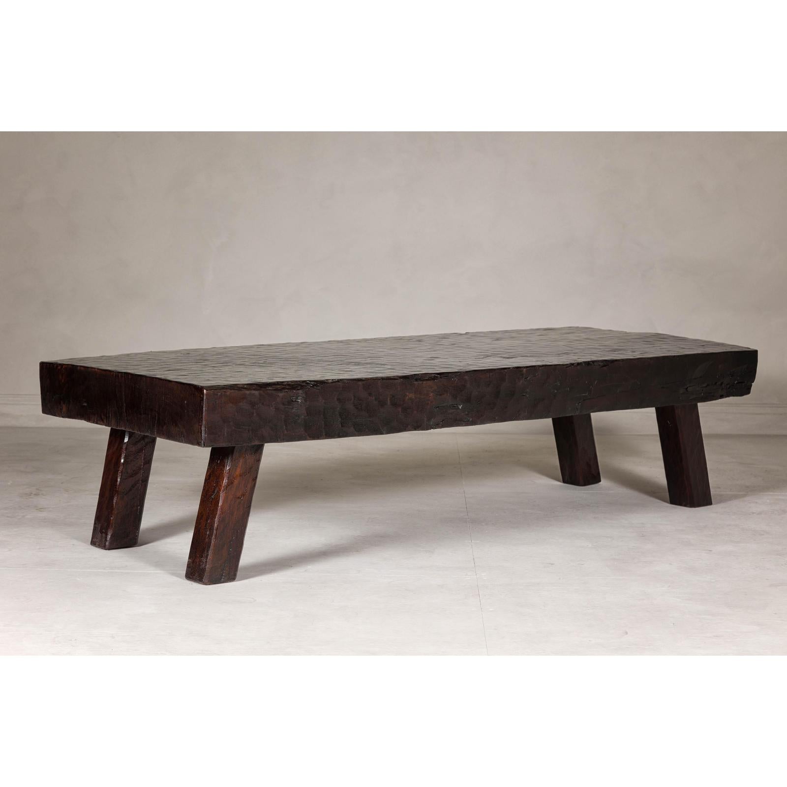 Rustic and Robust Coffee Table with Honeycomb Patterns and Dark Custom Finish