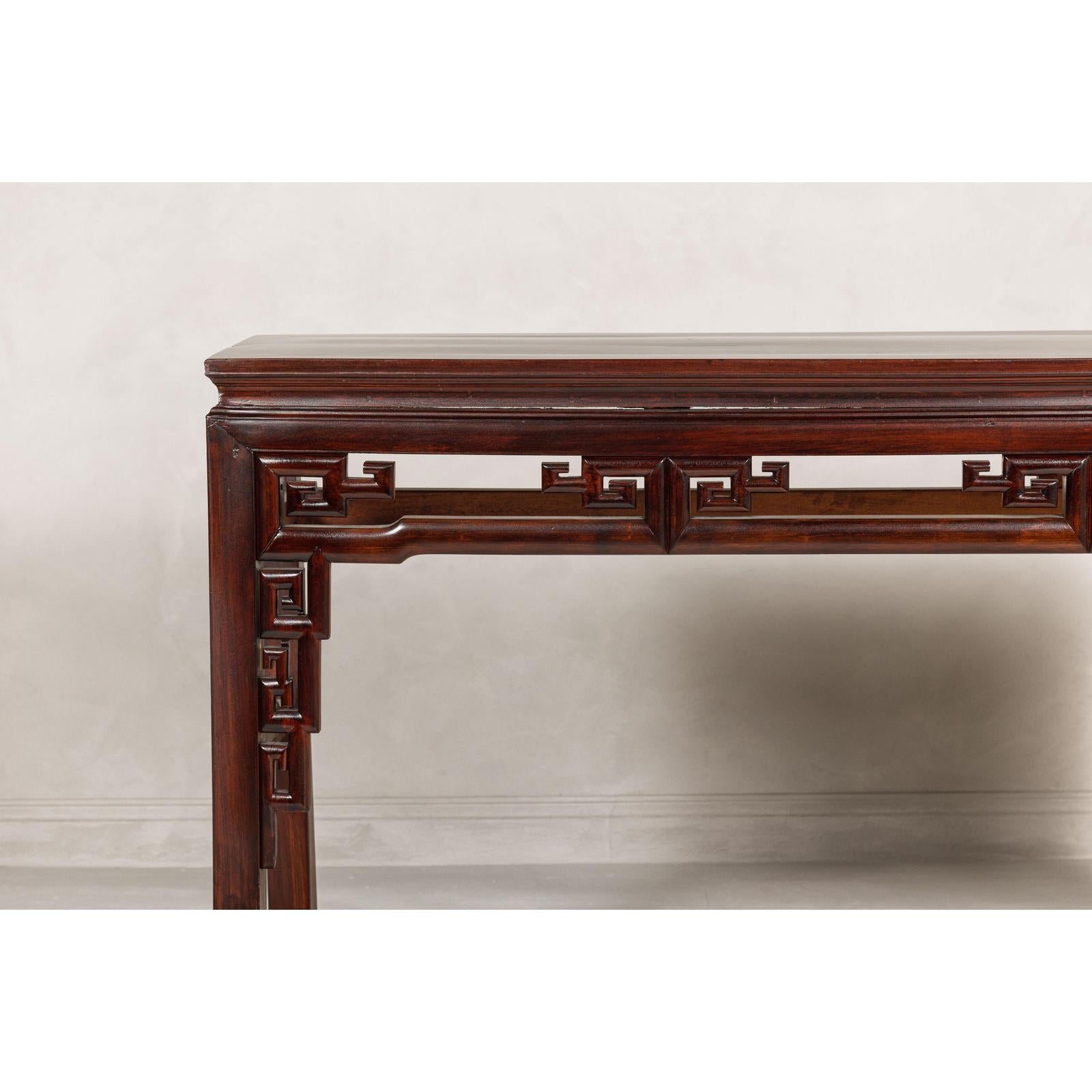 Tall Altar Console Table with Meander Carved Apron and Humpback Stretchers