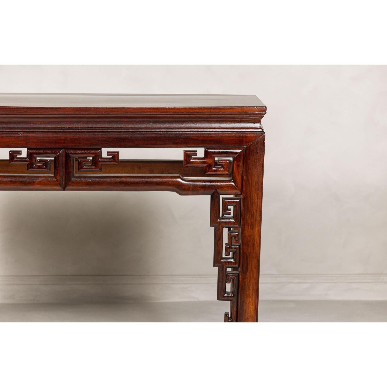 Tall Altar Console Table with Meander Carved Apron and Humpback Stretchers