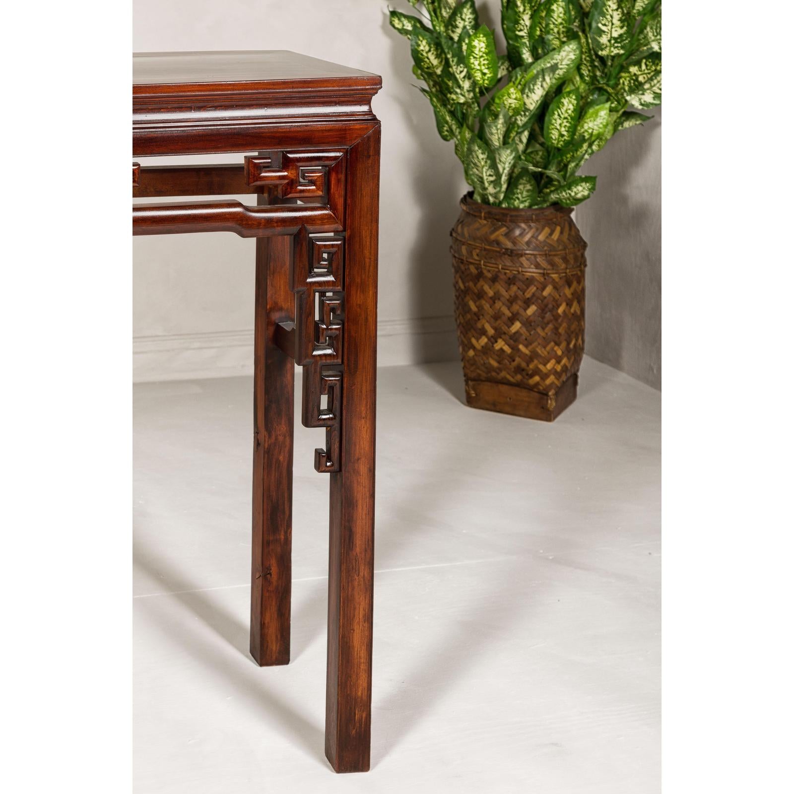 Tall Altar Console Table with Meander Carved Apron and Humpback Stretchers