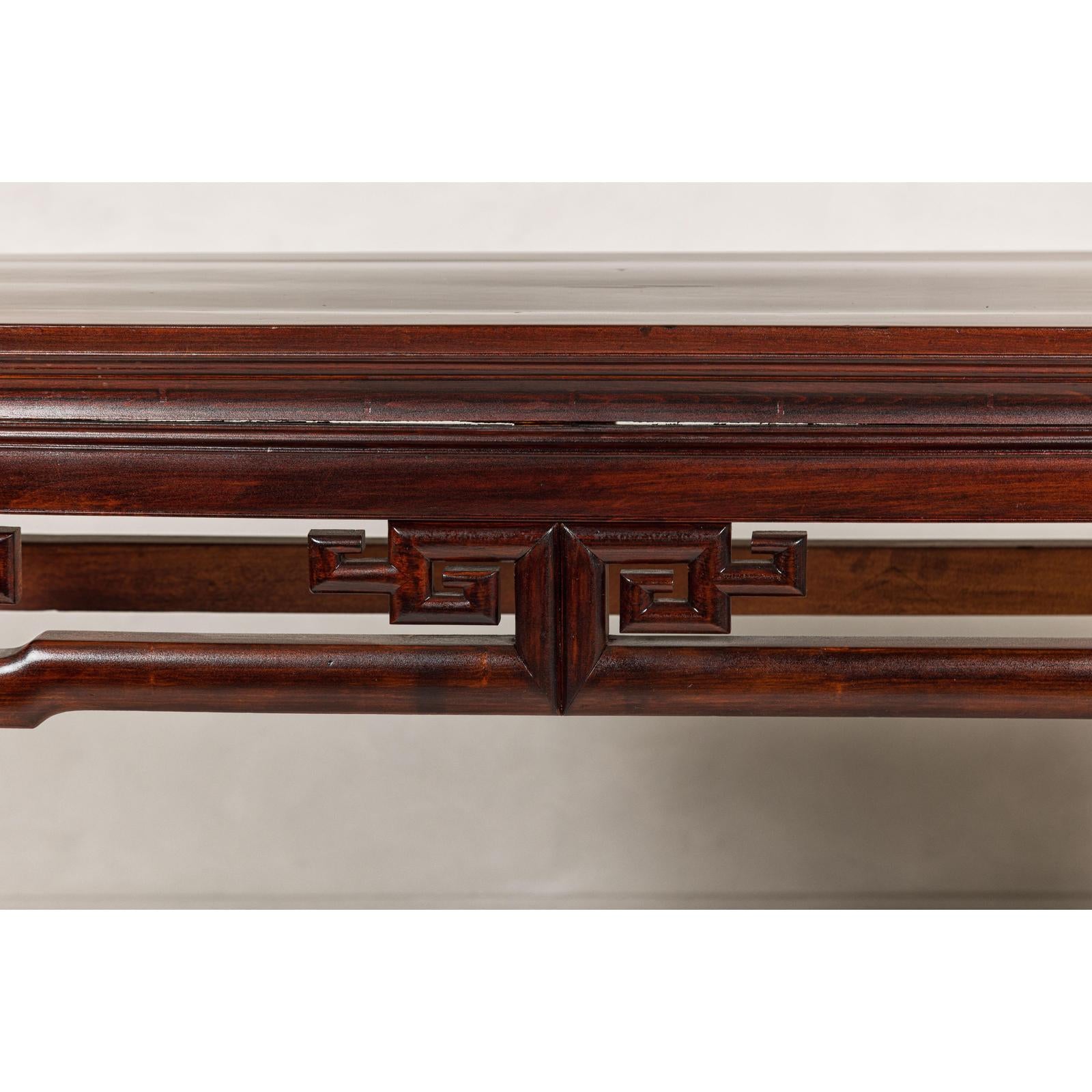 Tall Altar Console Table with Meander Carved Apron and Humpback Stretchers