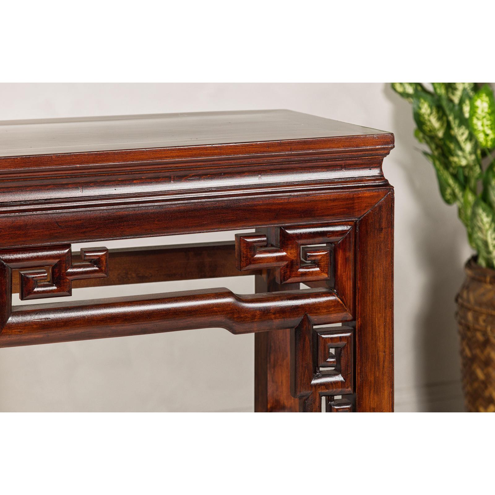 Tall Altar Console Table with Meander Carved Apron and Humpback Stretchers