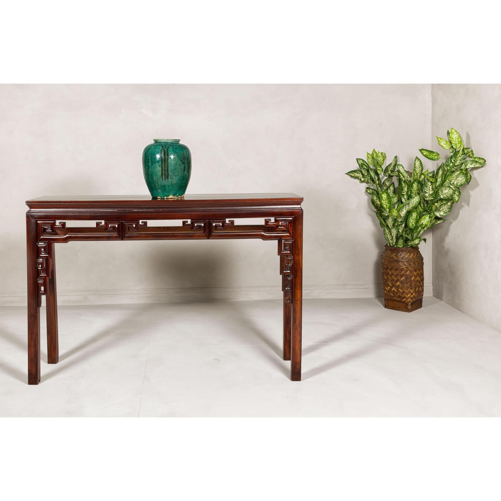 Tall Altar Console Table with Meander Carved Apron and Humpback Stretchers