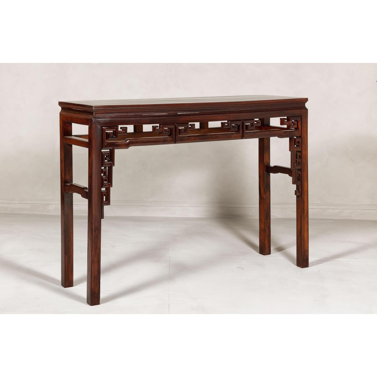 Tall Altar Console Table with Meander Carved Apron and Humpback Stretchers