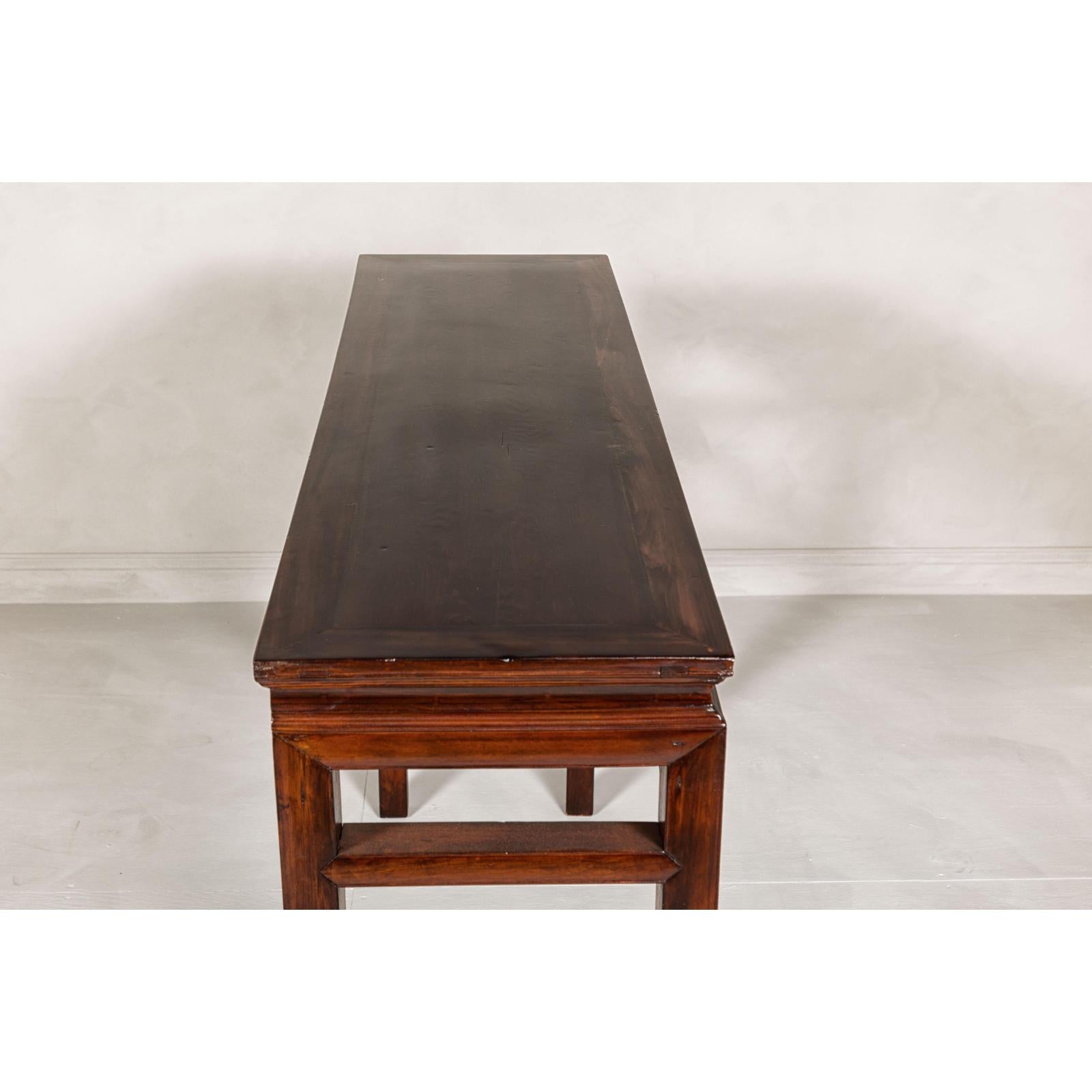 Tall Altar Console Table with Meander Carved Apron and Humpback Stretchers