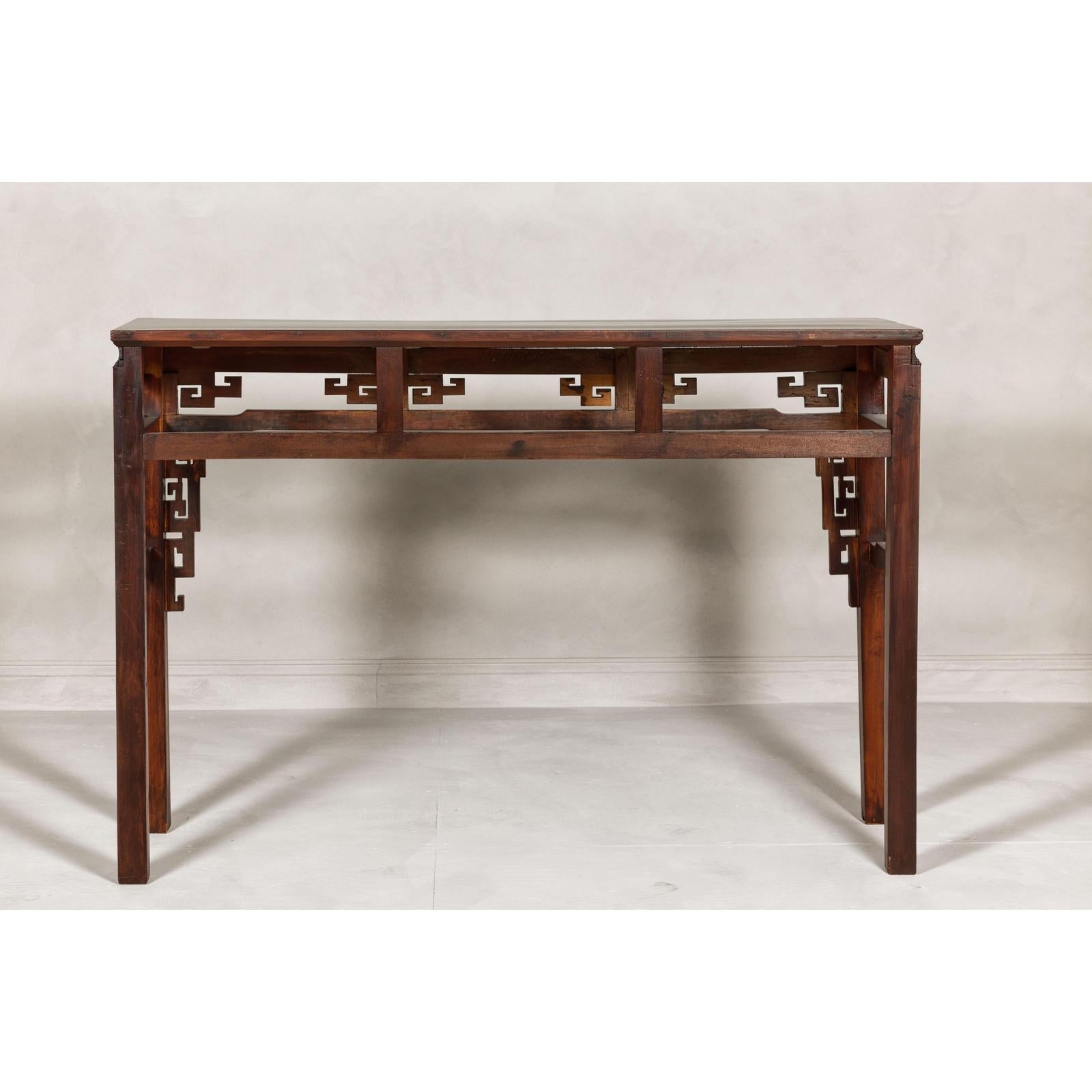 Tall Altar Console Table with Meander Carved Apron and Humpback Stretchers