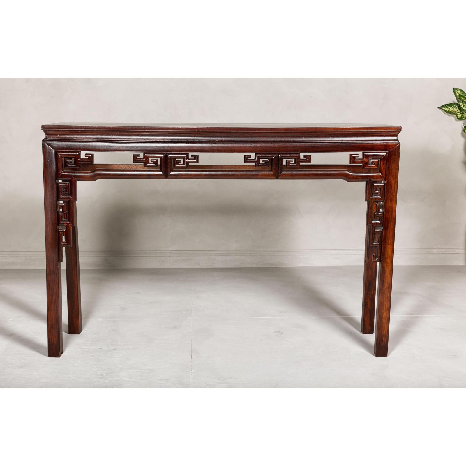 Tall Altar Console Table with Meander Carved Apron and Humpback Stretchers