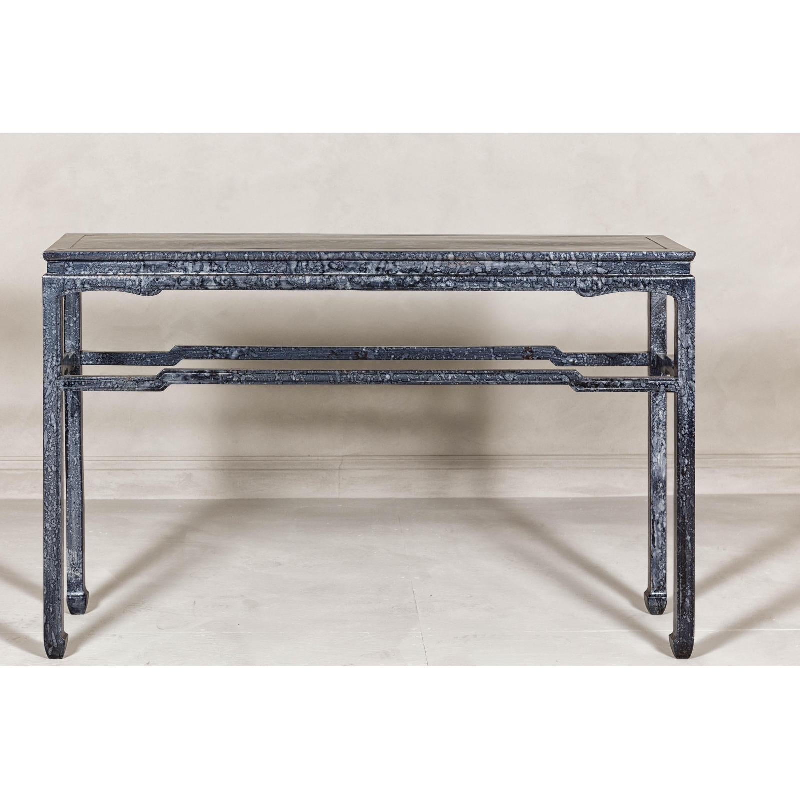 Marbleized Console Table with Silver and Black Finish and Humpback Stretcher