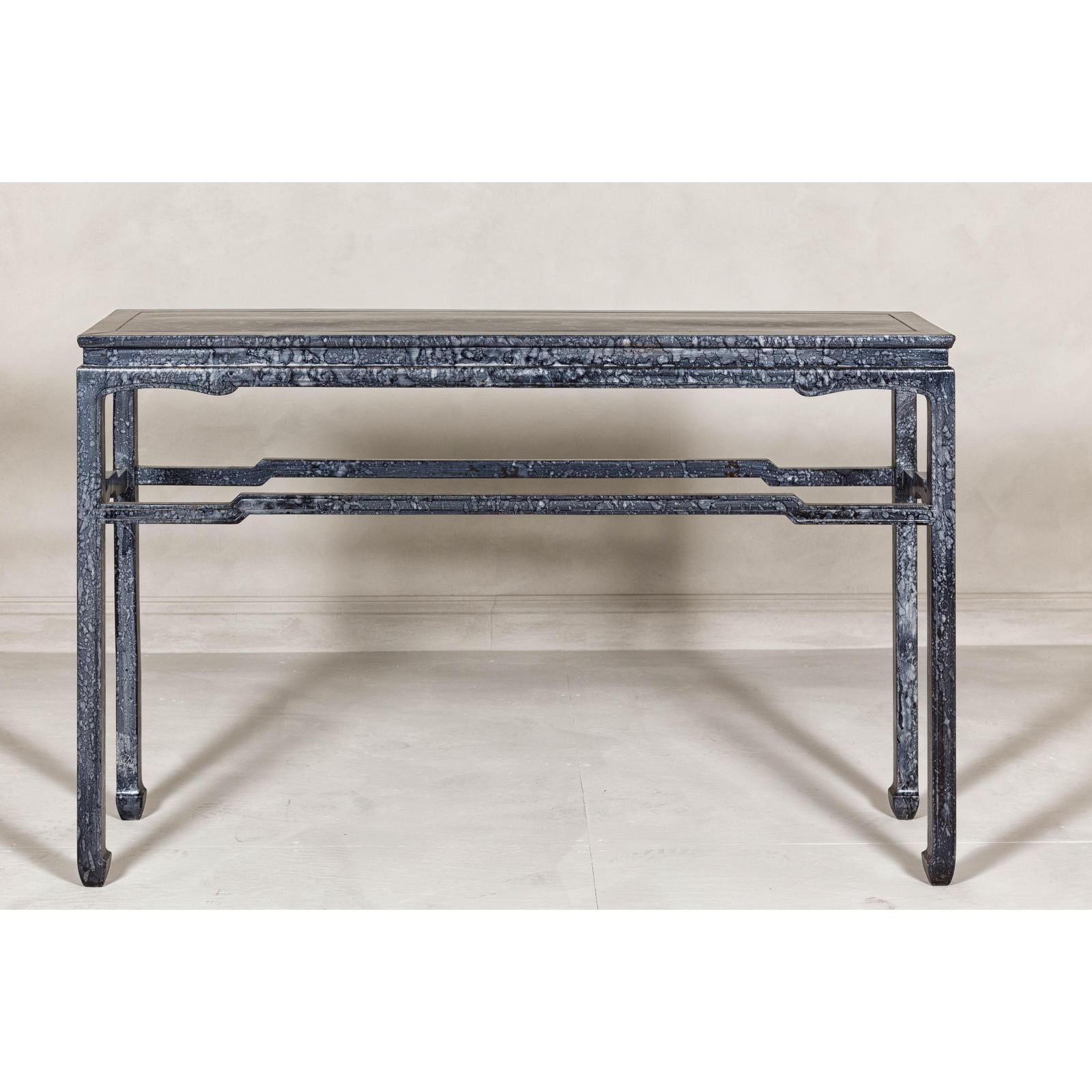 Marbleized Console Table with Silver and Black Finish and Humpback Stretcher