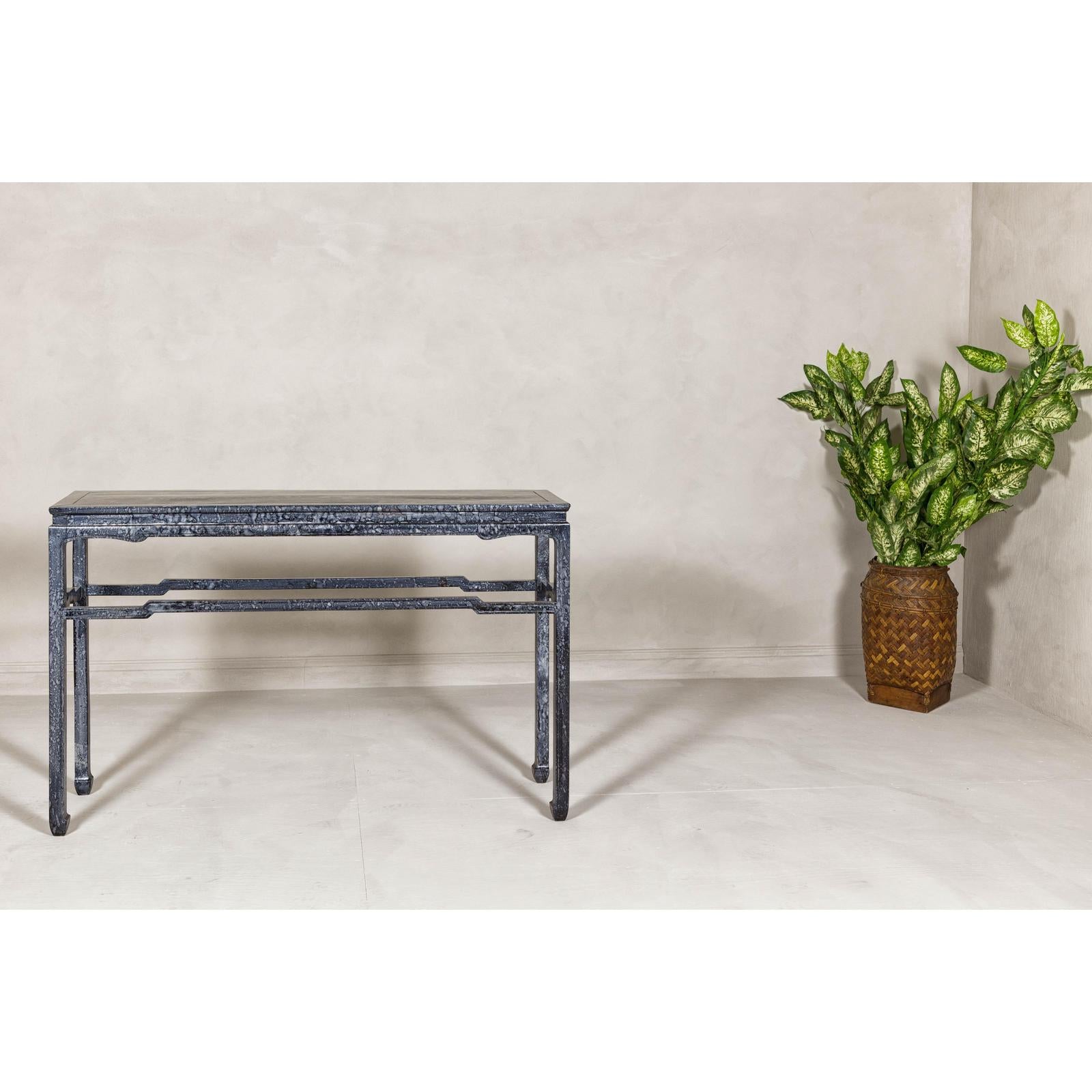 Marbleized Console Table with Silver and Black Finish and Humpback Stretcher