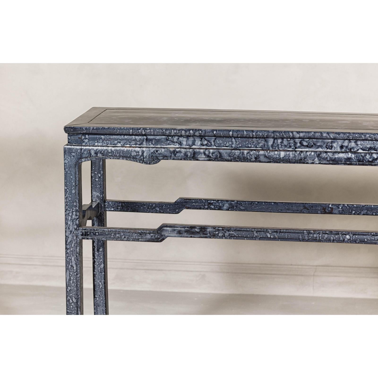 Marbleized Console Table with Silver and Black Finish and Humpback Stretcher