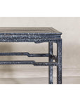 Marbleized Console Table with Silver and Black Finish and Humpback Stretcher