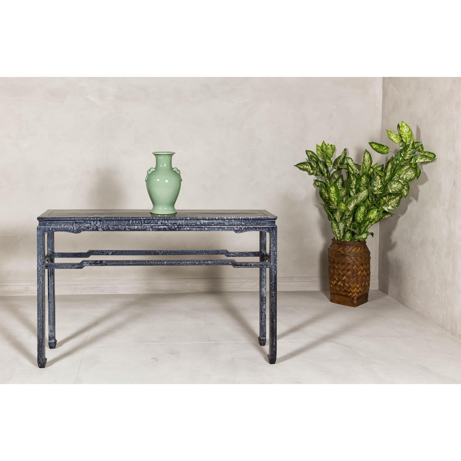 Marbleized Console Table with Silver and Black Finish and Humpback Stretcher