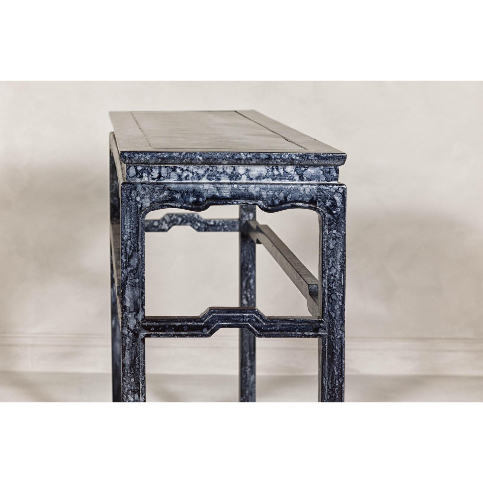 Marbleized Console Table with Silver and Black Finish and Humpback Stretcher