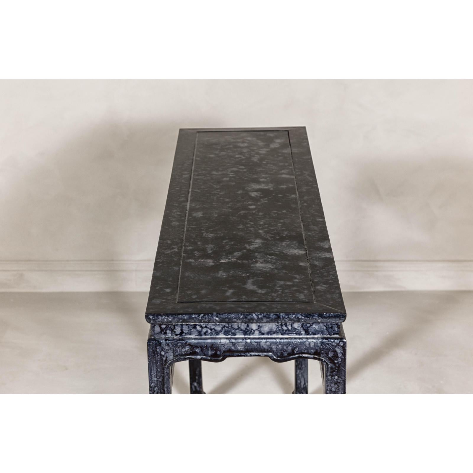 Marbleized Console Table with Silver and Black Finish and Humpback Stretcher