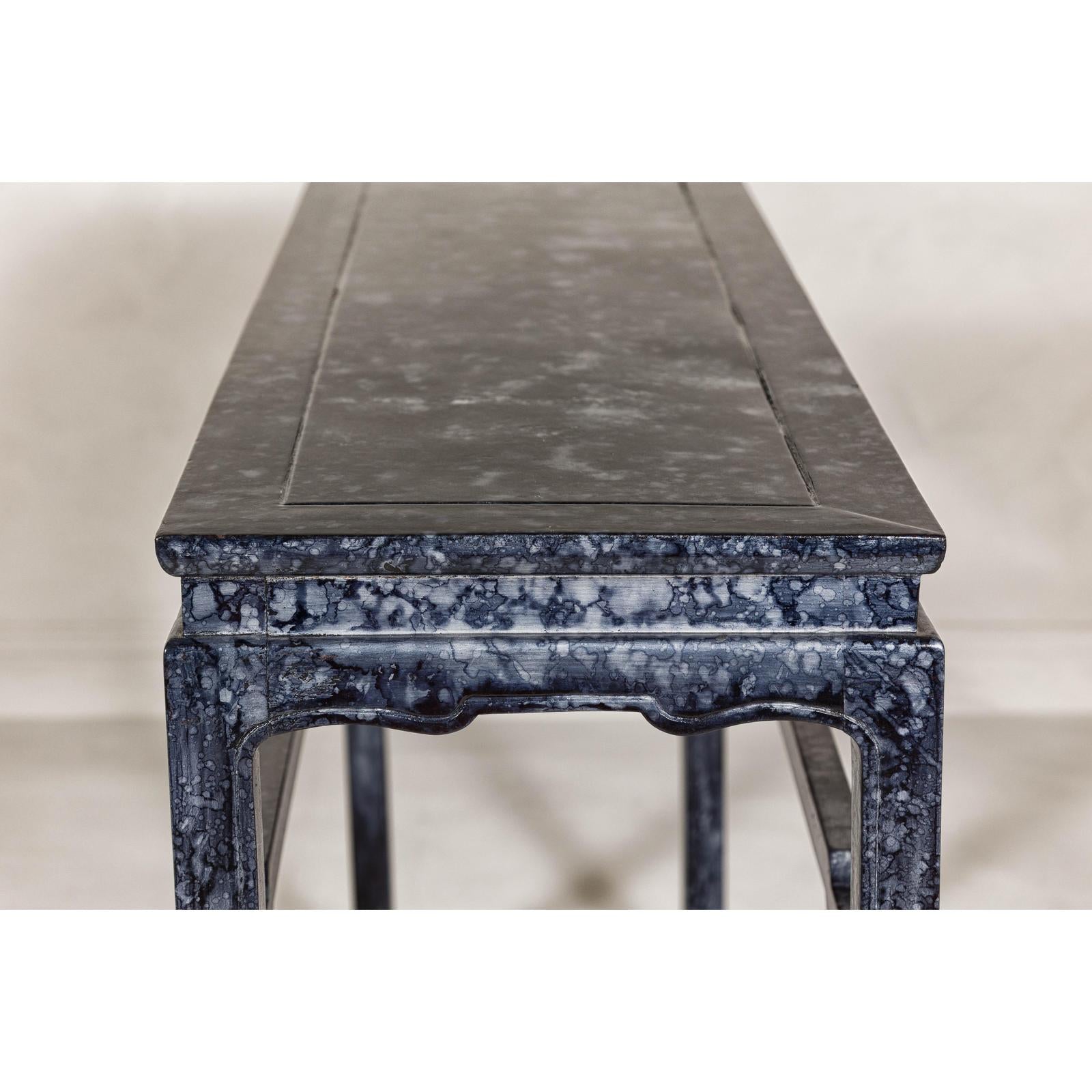 Marbleized Console Table with Silver and Black Finish and Humpback Stretcher