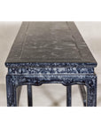 Marbleized Console Table with Silver and Black Finish and Humpback Stretcher