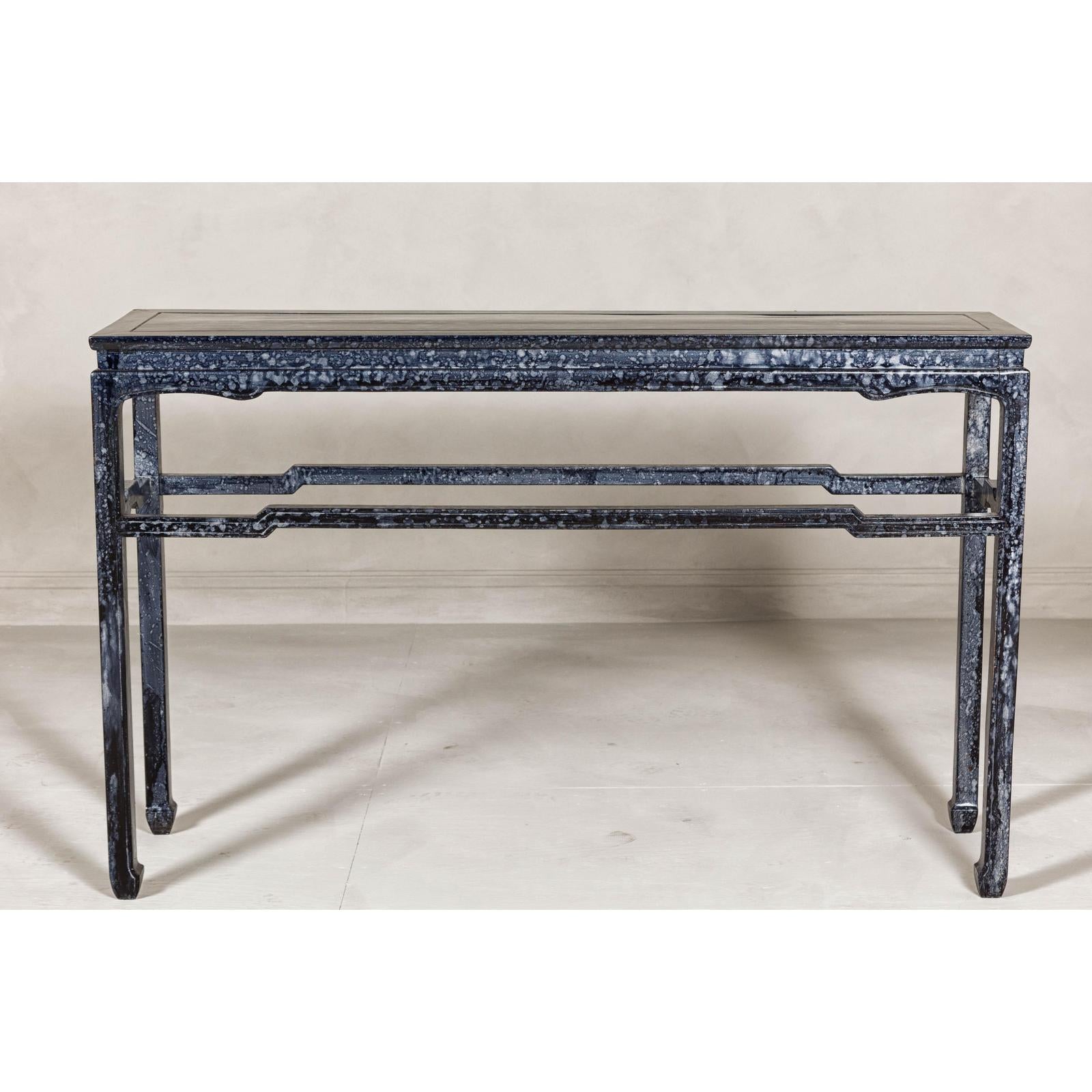 Marbleized Console Table with Silver and Black Finish and Humpback Stretcher